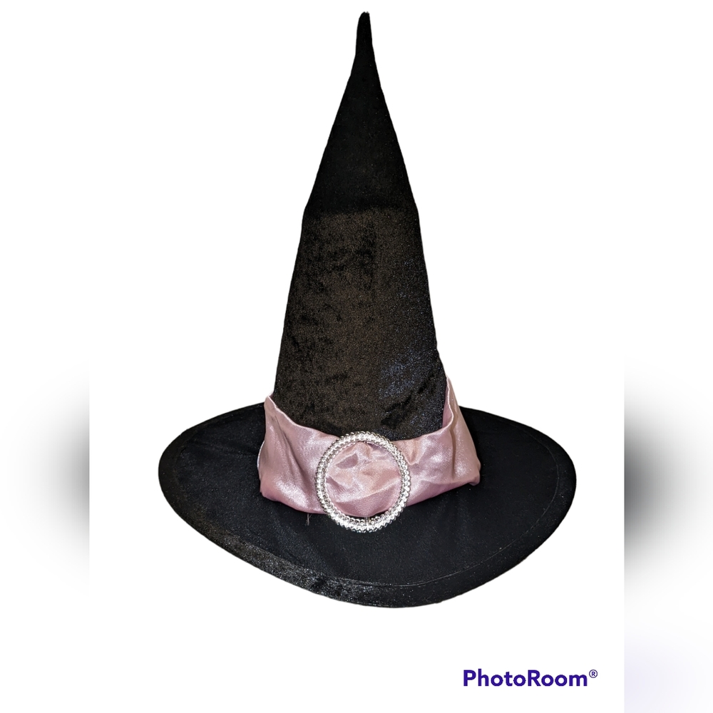 Black witch hat with pink buckled trimming